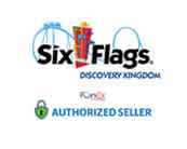 Logo of Six Flags Discovery Kingdom with FunCo as an authorized seller.