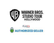 Image displays logos indicating a partnership. Top logo: Warner Bros. Studio Tour Hollywood. Below are the FunEx logo and text stating Authorized Seller, implying FunEx is an approved distributor of Warner Bros. studio tour tickets.