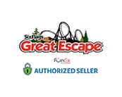 Logo for Six Flags Great Escape theme park featuring stylized text and a roller coaster silhouette with trees, alongside a FunEx Authorized Seller badge below.