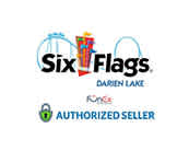 Logo of Six Flags Darien Lake with a representation of a roller coaster and Ferris wheel above the text. Below, there's a stamp of approval that says FunEx Authorized Seller with a checkmark, indicating the site's official resell partnership.
