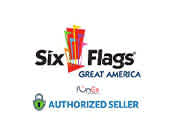 The image features the Six Flags Great America logo with bold text and a flurry of colorful flags above. Below the main logo, there's a seal indicating 'Authorized Seller' with a checkmark, signifying a partnership or approved vendor status. The background is white for high contrast.