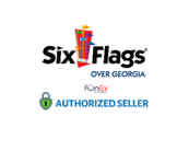 Image of the Six Flags Over Georgia logo with a multicolored flag design above the text, next to the FunEx logo indicating they are an authorized seller.