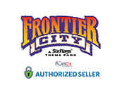 Image of the Frontier City theme park logo, featuring a western saloon style font in gold and purple, with the text 'A Six Flags Theme Park' below. There's a graphic on the left indicating 'FunEx Authorized Seller'. The background is white.