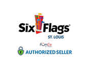 The image features the logo for Six Flags St. Louis at the top with a colorful, stylized flag design. Below it, there's a smaller seal indicating FunEx as an Authorized Seller. The logos are set against a plain, light background.