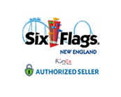 Image showing the Six Flags New England logo with bold blue and red typeface, a swoosh, and six colorful flags. Below, a green lock icon next to text that reads Authorized Seller by funex in green and black fonts.