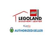 Image displaying three logos. Top left shows a red arrow-shaped roof over the words 'LEGOLAND'. Below this, 'Discovery Center' in black font. Top right features the LEGO logo with the iconic red square and white lettering. Bottom center, a green logo stating 'FunEx Authorized Seller' with a checkmark design incorporated.