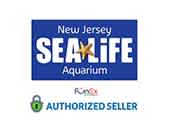 Logo for New Jersey SEA LIFE Aquarium featuring a blue background with the attraction name in white lettering. A golden starfish replaces the 'A' in SEA. Below, the FunEx logo indicates they are an authorized seller. The image has a green check mark and the words 'Authorized Seller' at the bottom.