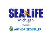 The image features the logo of SEA LIFE Michigan with prominent blue and gold lettering. A gold star is part of the letter 'A' in SEA. Below the logo, the text reads 'AUTHORIZED SELLER' with a padlock graphic, emphasizing secure transactions. The background is white.