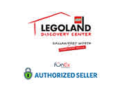 Image displaying the LEGOLAND Discovery Center logo with a red rooftop outline above bold black text. Below is a red line through unspecified text alongside the iFLY logo. The green icon at the bottom indicates status as an Authorized Seller.