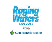 Logo of Raging Waters San Jose with a wave design above the text. Below, a badge showing FunEx as an authorized seller. The logo has shades of blue, representing water, and black text for emphasis.