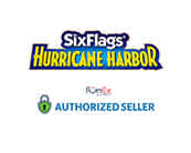 Logo of Six Flags Hurricane Harbor above a badge indicating an authorized seller. The Six Flags logo features bold, stylized text with a wave design underlining the words Hurricane Harbor. Below is a round green badge with a check mark, affirming authorized seller status.