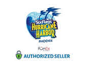 Image featuring the logo for Six Flags Hurricane Harbor in Phoenix. The logo has a dynamic blue wave behind stylized text. At the bottom, a green checkmark alongside text that reads 'Authorized Seller' confirms retail authorization.