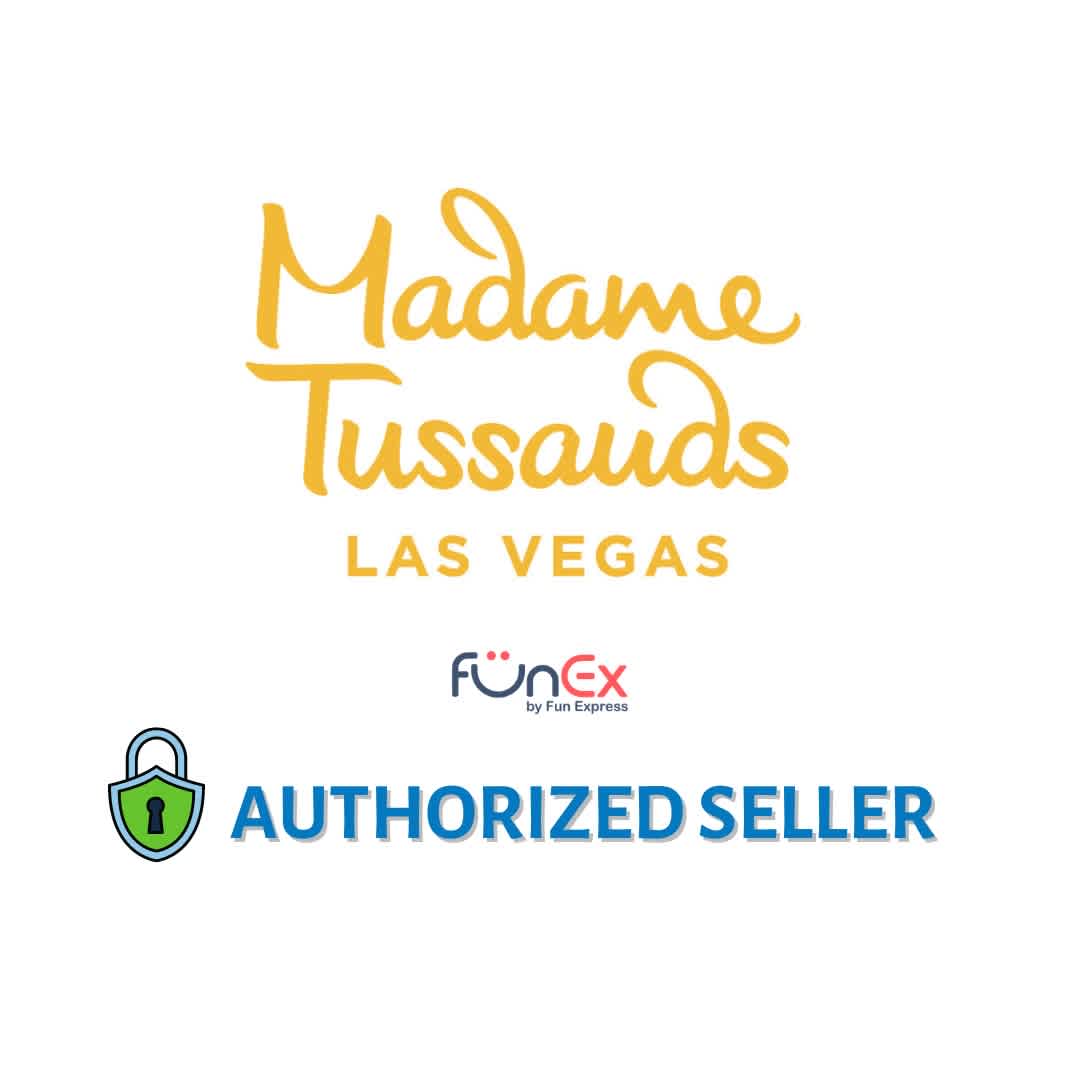 Image featuring the logo of Madame Tussauds Las Vegas in golden text at the top. Below, there's a blue Fun Express logo with the text 'funex by Fun Express' next to a padlock icon, and the words 'AUTHORIZED SELLER' in bold blue letters underneath. The background is white, emphasizing the logos and text.