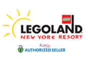 The image features the LEGOLAND New York Resort logo with bright bold letters against a white background. A stylized sun graphic is above the text to the left, and the Lego logo is displayed to the upper right. Beneath the main text is a tagline identifying the seller as an authorized seller, accompanied by a circular green logo.