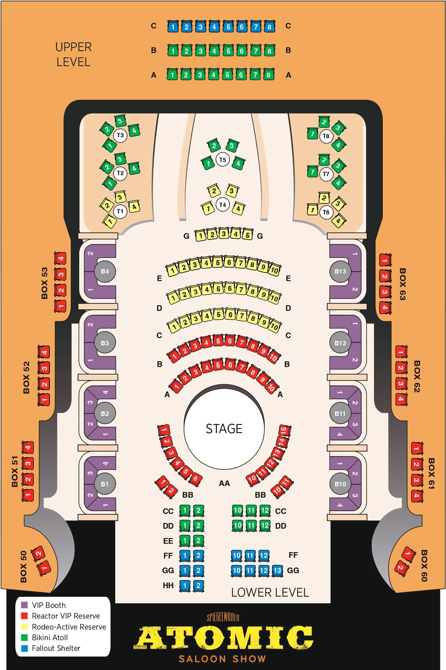 This image displays a seating chart for the 'ATOMIC Saloon Show'. The layout features a circular stage in the center with surrounding seat sections. Color-coded seating areas include VIP Booths in yellow, Reactor VIP Reserve in green, Rodeo-Active Reserve in red, Bikini Atoll in purple, and Fallout Shelter in gray. Seats are organized in sections labeled from A to HH, with box seating on the sides and tiered seating at the upper level.