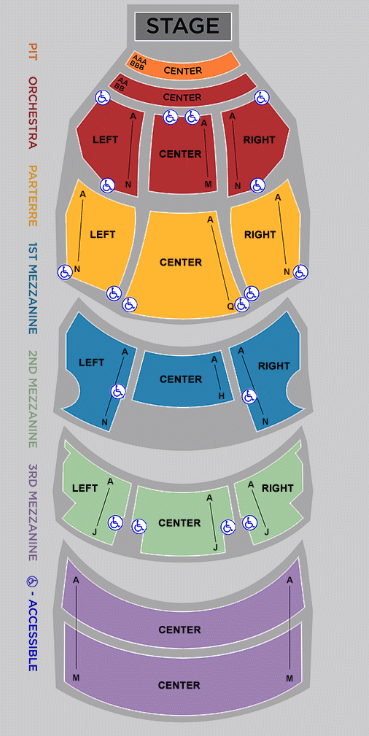 This image displays a detailed seating chart for a theater. At the top, there is a stage labeled in red. Directly in front of the stage, there are three sections labeled "ORCHESTRA PIT," "ORCHESTRA CENTER," and "ORCHESTRA." The "ORCHESTRA PIT" is the smallest section, located centrally, while the "ORCHESTRA" is divided into left and right sections surrounding the "ORCHESTRA CENTER." All orchestra sections are colored in orange.

Moving downward, the "1ST MEZZANINE" level is shown in blue and also has three sections: "LEFT," "CENTER," and "RIGHT." Below that is the "2ND MEZZANINE" in a lighter shade of blue, mirroring the structure of the first mezzanine with left, center, and right sections, although they are slightly narrower.

The next level down is the "3RD MEZZANINE," in green, following the same left, center, and right configuration but with each section narrower than the one above it. At the bottom, there is an "ACCESSIBLE" area in purple, dedicated to accessible seating, spanning across the width of the center sections.

Note that wheelchair symbols indicate accessible seating areas within the central sections of the orchestra, 1st mezzanine, 2nd mezzanine, and the entire accessible section.

FunEx.com is committed to helping you enjoy spectacular shows while ensuring that you