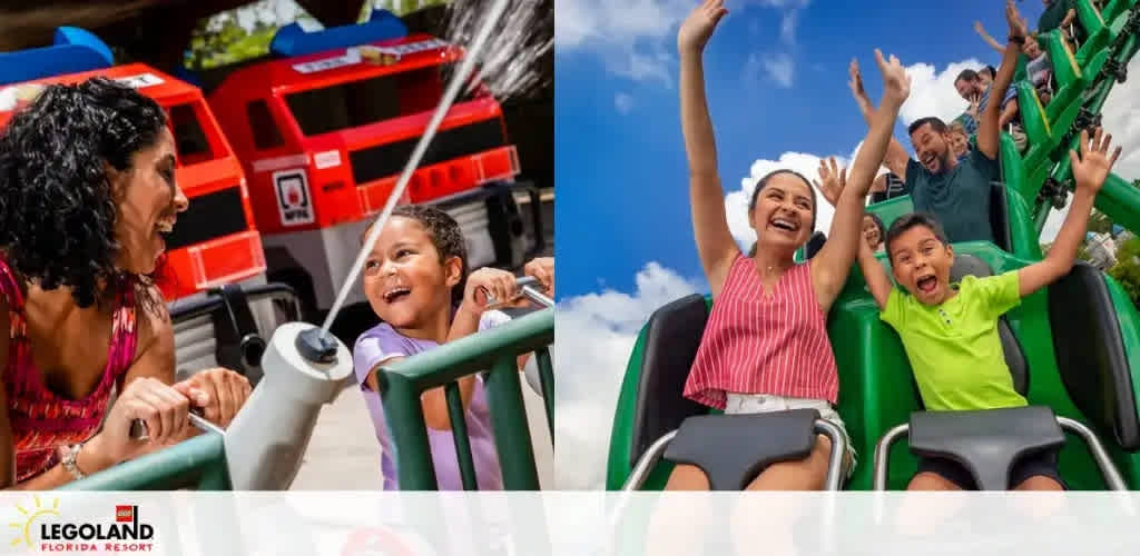 An exciting day at LEGOLAND Florida Resort is captured in two images. On the left, a woman and a child share a joyful moment on a water-based ride, with LEGO-themed fire trucks in the background. On the right, a roller coaster thrills a group of riders—two kids and two adults—with hands raised and delighted screams, both scenes under a clear blue sky. The LEGOLAND logo anchors the lower left corner.