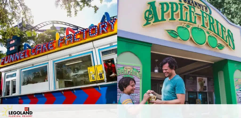 Image with two scenes. On the left is a colorful Funnel Cake Factory facade with red, yellow, and blue signage against a bright sky. A roller coaster track is visible in the background. On the right, a smiling man hands a cone of apple fries to a joyful child at the Granny's Apple Fries kiosk under a green, apple-decorated signboard. Trees surround the area, indicating an outdoor amusement park setting. Both images are labeled with the LEGOLAND Florida Resort logo