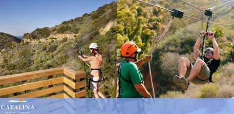 Image showing two individuals enjoying a zipline adventure against a backdrop of lush green hills under clear blue skies. One person, geared with a helmet and harness, is eagerly waiting their turn, while the other is actively ziplining with a smile, overseen by an instructor. The word CATALINA is displayed in the corner.