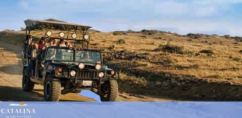 A safari adventure with tourists on a rugged jeep exploring a savannah. The landscape features rolling hills and sparse vegetation under a clear blue sky. The jeep is prominently positioned on a dirt road, conveying a sense of exploration and discovery in the wild. The Catalina logo is visible, indicating the service provider.