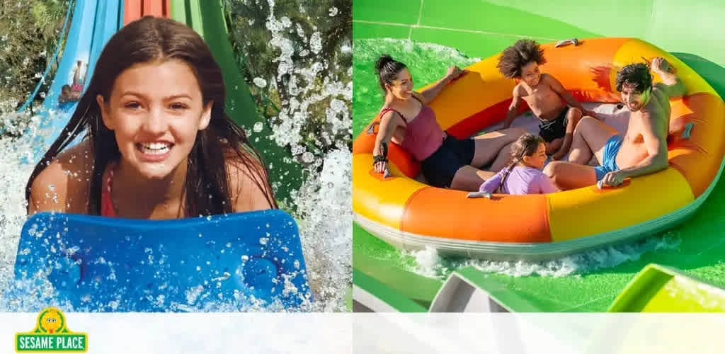 This image displays two scenes of water park fun at Sesame Place. On the left, we see an individual, appearing to be a young, joyful girl with wet hair adhering to her face, sliding down a water slide. She is holding onto a blue mat with both hands, with water splashing around her as she beams at the camera. The background shows the bright colors of the water slide with streaming water, indicative of the thrilling ride.

On the right, a group of individuals is riding together in a large, circular yellow and orange inflatable raft with handles. This raft is designed for multiple riders and is currently occupied by what seems to be two adults and three children. They appear to be in high spirits as they navigate the twists of a green water slide. The riders are variously engaging with each other, with some looking towards the camera, showing expressions of excitement and enjoyment.

At FunEx.com, we are committed to bringing you the lowest prices and fantastic savings on tickets, so you can enjoy delightful days like these without splashing out too much!