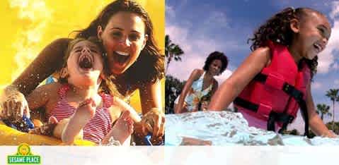 Image shows two scenes at a water park. On the left, a woman and a young girl share a joyful ride on a water slide, both laughing with glee. On the right, a young girl wearing a red life jacket has an exuberant expression as she splashes in the water, with a woman visible in the background. The bright sun and palm trees suggest a warm, tropical setting. A Sesame Place logo is at the bottom left.