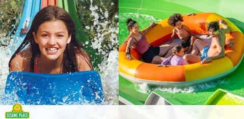 Image displays two water park activities. On the left, a girl with her hair swept back joyfully slides down a water slide, with water splashing around her. On the right, a group of individuals enjoy a raft slide, sitting in a circular tube with vibrant yellow, orange, and green colors. The sunny environment suggests a fun day out. The logo for Sesame Place is visible in the bottom left corner.