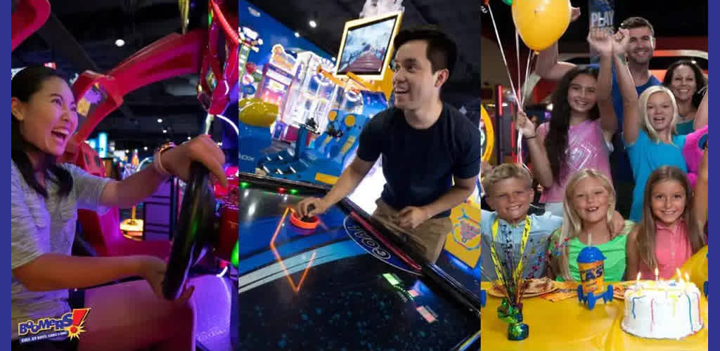 Image Description: This collage image showcases three joyful scenes from an indoor arcade and party venue named "Bumper's". On the left, a young girl with dark hair, wearing a black top, is seated at an arcade racing game; her hands tightly grip the steering wheel and her expression is one of delighted concentration. The center panel features a young man with dark hair in a blue t-shirt, enthusiastically playing a ticket redemption game, while swiping his hand over a glowing, arcade console. In the vivid right panel, a group consisting of two men, three women, and four children gather around a birthday cake adorned with lit candles on a table. Balloons float in the background and the children display wide smiles, while a boy in the front holds a blue cup with a lid shaped like a character's head. They all appear to be in high spirits, sharing in the birthday celebration. 

Additionally, FunEx.com promises unmatched savings with the lowest prices on tickets, ensuring that your next arcade adventure or party celebration doesn't break the bank.