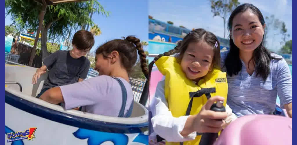 This image is a collage of two photographs taken at a vibrant amusement park on a clear day. The left photograph shows two children enjoying a spinning teacup ride. One child, facing away from the camera, wears a dark shirt, while the other, with a side braid, is in a light purple shirt, and they both appear to be concentrating on the spinning motion of the ride. The teacup they’re in has a playful design with bold letters spelling out "BOOM!" along the side.

The right photograph features a smiling adult and a joyful child, both sitting in what seems to be a pink inflatable water ride. The child is wearing a bright yellow life vest labeled "SCHOOL" and holding onto a steering wheel, showing excitement. The adult, presumably a woman, wears a light striped top and is looking at the child with a tender, content expression.

FunEx.com is proud to offer unforgettable amusement park experiences, ensuring you always find the lowest prices and best discounts on tickets for family-friendly fun!