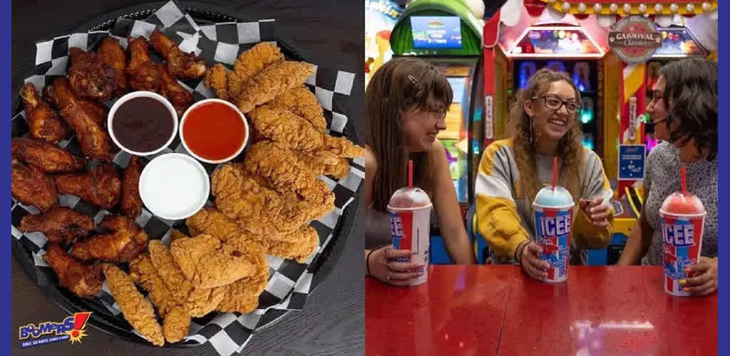 This image is divided into two distinct sections, both capturing the essence of a fun and enjoyable entertainment venue.

On the left side of the image, we see a close-up view of a bountiful feast consisting of a black tray diagonally lined with checkered paper, filled with a generous selection of golden-brown breaded chicken tenders and crispy, deep-fried chicken wings. In the center of the tray, there are three small cups containing various dipping sauces—white, red, and dark brown—in a triangular arrangement, to complement the chicken.

On the right side of the image, we find a lively scene set in what appears to be an indoor arcade. Three young people are engaging in a cheerful conversation, sitting at a red table. Two of them are holding large cups filled with a recognizable branded frozen beverage called ICEE. The colors blue and red are prominent in their drinks, highlighting a fun and casual atmosphere. Colorful, bright lights and arcade games with vibrant signage, such as "CARNIVAL," serve as a festive background, suggesting a place of amusement and playful activity.

Together, the images evoke a sense of leisure, enjoyment, and tasty indulgence—promising a great time with good food and fun games. And speaking of great times, don't forget to visit FunEx.com to enjoy the lowest prices, amazing discounts, and unbeatable savings on tickets to many exciting venues and events!