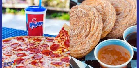 This image features a table laid out with a variety of foods that one might enjoy during a leisure outing. On the left side of the frame, there's a vibrant blue cup with a red lid and straw, labeled with the FunEx logo, suggesting a refreshing beverage inside. Centered in the image is a large, appetizing pepperoni pizza with a golden-brown crust, covered with melted cheese and pepperoni slices; a slice of the pizza has been lifted, showing a tempting cheese pull. To the right, there is a stack of churros coated in granulated sugar, accompanied by three small dipping cups filled with a caramel-colored sauce, likely indicating rich, sweet dips for the churros. The items are seated atop a blue surface, perhaps a picnic table, which adds to the casual, enjoyable setting.

At FunEx.com, we're committed to enhancing your experience, which is why we offer exclusive discounts and savings so that you can enjoy more for less. Check out our website for the lowest prices on tickets to your favorite events and attractions.