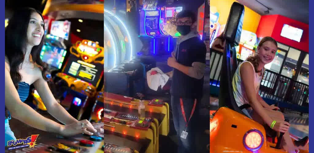 Three-panel image showcasing individuals engaged in arcade activities. On the left, a woman plays a game with a joystick. The center displays a person wearing a face mask at a light-based game. On the right, a girl smiles while sitting on an orange motorcycle arcade machine. Bright screens and colorful lights enhance the lively atmosphere.