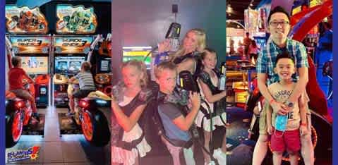 This image depicts a vibrant arcade setting. On the left, it shows several racing arcade machines with motorcycle seats. On the right, a group of cheerful children and an adult are wearing virtual reality backpacks and equipment, ready to enjoy an immersive game. The arcade's lively atmosphere is enhanced by colorful lights and gaming signage.