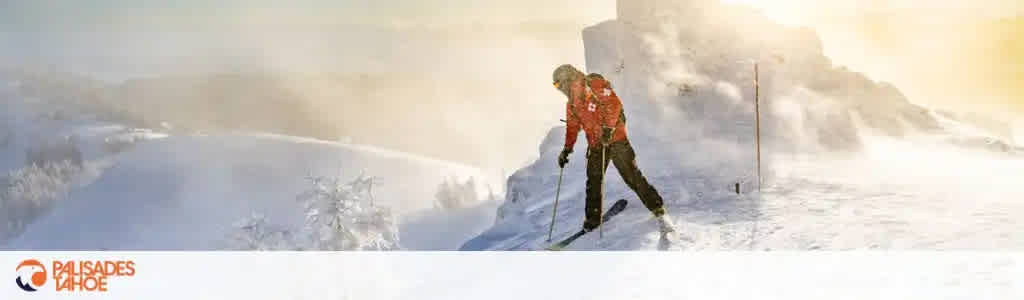 This image shows a panoramic winter scene dominated by warm sunlight casting a glow across the landscape. In the foreground, a skier wearing a red jacket, black pants, and a helmet is carving through the freshly fallen snow, leaving a trail behind. The skier is leaning into a turn on a slope that appears to be well-groomed. Snow-covered trees and a mountain peak shrouded in mist can be seen in the background, adding to the sense of a chilly yet inviting winter sports environment. The logo for "Palisades Tahoe" is prominently displayed in the lower left corner of the image.

At FunEx.com, we prioritize making sure that you can enjoy your snowy adventures without overspending; that's why we offer the lowest prices on tickets, ensuring the best savings as you hit the slopes!