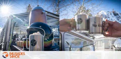 This is a panoramic image depicting a bright, sunny day at a ski resort, presumably Palisades Tahoe, as indicated by a logo on the bottom right corner. The image is divided into two halves by the perspective. On the left side, there is a close-up view of a metal coffee pot sitting on top of a colorful, striped fabric which could be a ski hat or clothing. The pot is placed on an outdoor table, and reflected in its surface are the clear blue sky and the silhouette of a person who appears to be taking the photograph. 

On the right side of the image, you see two hands holding stainless steel travel mugs, their metal surfaces gleaming in the sunlight. They are clinking the mugs together in a toasting gesture. Behind the hands and mugs, you can catch a glimpse of snow-covered trees and what looks like a ski lift, indicating the leisurely après-ski activity after a day of skiing or snowboarding. 

The overall feeling of the photo is one of relaxation and enjoyment of winter sports and the surrounding alpine environment.

Visit FunEx.com for exclusive savings on tickets to the best ski resorts and adventure parks, always striving to offer you the lowest prices for your next exhilarating escape.