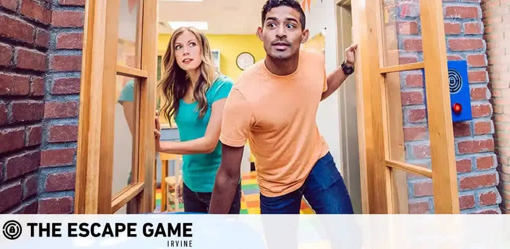 Image Description: The image displays a suspenseful moment at The Escape Game in Irvine. A woman with long blond hair wearing a teal top is seen cautiously opening a wooden door, looking back over her shoulder. She appears both intrigued and alert. Beside her, a man with short black hair and a peach-colored shirt is stealthily glancing around the doorframe, exhibiting a mix of curiosity and caution on his face. Behind them, the wall is partially constructed of exposed red bricks, and there is a noticeable electronic device with buttons and lights on the wall next to the man, suggesting some form of interactive gameplay. The bright and vibrant colors in the room add to the atmosphere of adventure and excitement.

At FunEx.com, we're dedicated to ensuring you experience the thrill of The Escape Game for the lowest prices—unlock significant savings when you purchase your tickets through us!