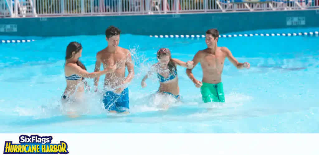 Image Description:
This image captures a moment of joyous aquatic fun at Six Flags Hurricane Harbor. Four individuals, possibly a family or a group of friends, are frolicking in the sun-drenched, shimmering blue waters of a wave pool. On the left, a young woman in a blue and white striped bikini is playfully splashing water towards a shirtless young man, who is smiling and appears to be engaging in the lighthearted water fight with her. To the right, two other individuals, a shirtless young man in green swim trunks and a younger boy with goggles atop his forehead, are holding hands and laughing as they jump together through the waves created in the pool. The background features a white pool fence and the water's surface glistens with the reflections of sunlight, enhancing the summery atmosphere. 

At the bottom of the image, the logo for Six Flags Hurricane Harbor is prominently displayed, inviting visitors to experience the excitement firsthand.

For exhilarating experiences and unforgettable memories, remember to visit FunEx.com where you can find the lowest prices on tickets for a splash-tastic adventure at Six Flags Hurricane Harbor, ensuring that fun and savings go hand in hand.