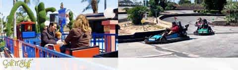 This image is a split-screen photo showing two different amusement park rides on a clear day. On the left, there is a photo of a miniature train ride. The train is colored in bright blue and red and is occupied by people, including children and adults. The train appears to be in motion, traveling on a metal track with lush green foliage in the background.

On the right, the photo depicts a go-kart track with individuals driving single-seater, blue and black go-karts. They are racing around a paved track outlined with white barriers, maneuvering around a curve. The drivers seem to be enjoying the competition and speed of the ride, and there are tropical plants visible in the surrounding landscape.

At FunEx.com, we're committed to ensuring you have access to not only fun but also savings! Whether you're planning your next family outing or looking to entertain friends, remember to check with us for the lowest prices on tickets for a variety of attractions.