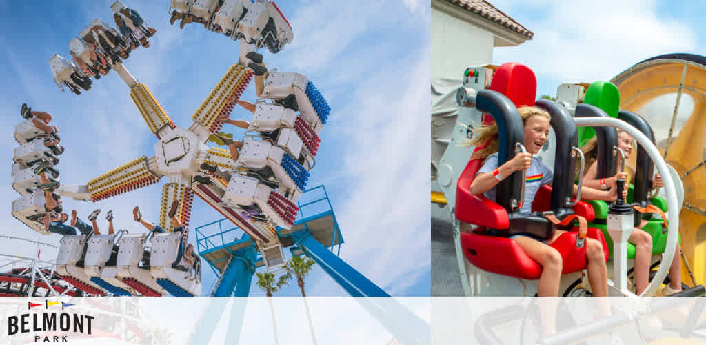 This image is a bright and colorful montage showcasing two amusement park rides at Belmont Park. On the left side of the image, a large mechanical ride known as the "Giant Dipper" is captured mid-motion against a clear blue sky. Numerous riders are seated in the ride's individual, multi-colored compartments, which are attached to a central rotating and tilting structure, giving the impression of an exhilarating whirl. The scene is filled with a sense of movement and excitement.

On the right side, there is a close-up view of two joyous girls securely strapped into a circular red ride seat with over-the-shoulder harnesses. They are seemingly in mid-laughter, enjoying the ride with mouths open wide as if screaming with delight. Behind them, part of a yellow and blue water slide structure is visible, suggesting the presence of a water park adjacent to the amusement park.

Belmont Park's logo is prominently displayed at the bottom center of the image, reinforcing the location of these thrilling experiences.

At FunEx.com, we are excited to offer you the best discounts on tickets so you can enjoy all the fun at the lowest prices possible.