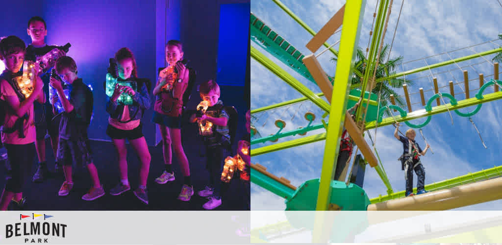 This image is split into two sections. On the left, a group of children are playing laser tag in a dimly lit room, holding glowing laser guns, with colored lights accentuating the playful atmosphere. On the right, set against a clear blue sky, an individual is engaged in a ropes course adventure, carefully navigating a series of yellow and green beams and ropes high above the ground, secured with safety harnesses. Below the images is the logo of Belmont Park.