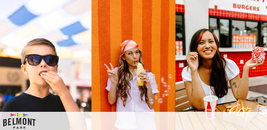 Three montage photos display a sunny, vibrant day at Belmont Park. A boy in sunglasses eagerly bites into a chip, flanked by images of two smiling women – one playfully holds an ice cream cone, sporting a bandana, while the other enjoys a burger and fries, both conveying relaxed enjoyment. Bright colors and casual dining underscore the park's lively atmosphere.