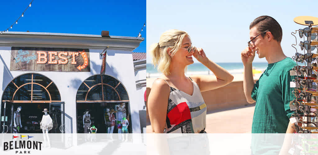 A split image featuring Belmont Park. On the left, a festive facade with the sign  San Diego's BEST,  adorned with string lights under a clear blue sky. On the right, a smiling woman in sunglasses speaks with a man adjusting his glasses, with a sunglasses stand and the ocean in the background.