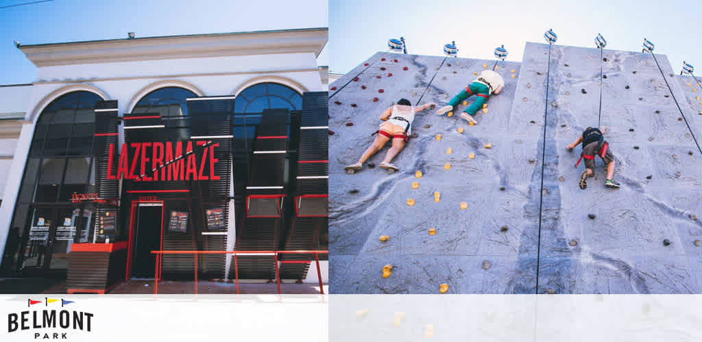 The image is split into two scenes. On the left, the exterior of the 'LAZERMAZE' attraction at Belmont Park is displayed, featuring a bold red and black facade with stacked geometric shapes. On the right, three climbers tackle a tall rock climbing wall, safely harnessed and making their way up the gray surface dotted with colorful handholds.