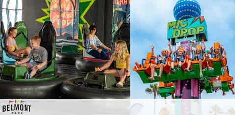 This image showcases two amusement park rides at Belmont Park. On the left, individuals enjoy bumper car rides, engaging with each other in a friendly match. On the right, thrill-seekers experience the excitement of the vertical 'Plunge Drop' ride, with arms raised and expressions of exhilaration. The Belmont Park logo is visible at the bottom.