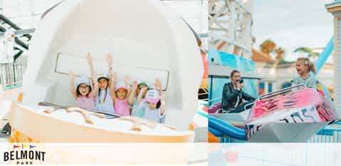 This image shows two different scenes at Belmont Park with visitors enjoying rides. On the left, a group of excited children and an adult with arms raised are on a boat-themed ride. On the right, two people are smiling while on a spinning ride with pink highlights. The background includes part of a roller coaster and clear blue skies. The Belmont Park logo is at the bottom.