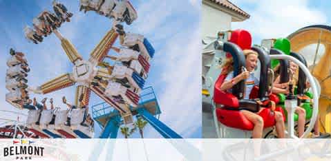 Image of Belmont Park with two amusement rides. On the left, a swing ride mid-action has people suspended horizontally. On the right, two girls laugh on a colorful vertical drop ride. Clear skies add to the cheerful atmosphere.