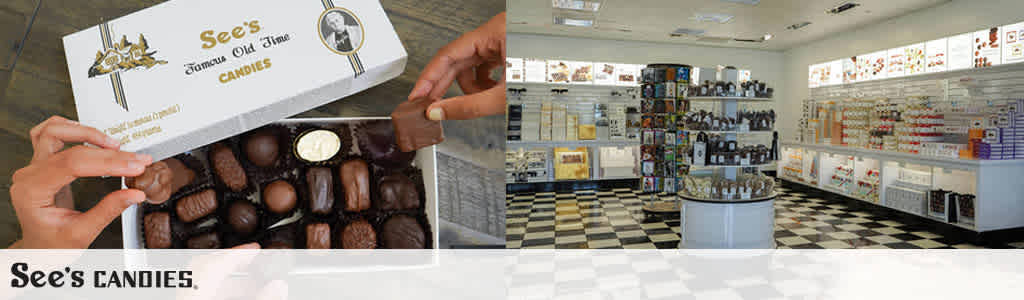 This image features a panoramic view representing two distinct sections of a See's Candies store. On the left side, there is a close-up of two hands presenting an open box of assorted chocolates; the individual pieces are variously shaped and arranged neatly within the box, which is labeled "See's Famous Old Time Candies." The right side of the image showcases a bright, spacious interior with a classic black and white checkered floor. A circular display case is centered, surrounded by an array of neatly organized shelves and display racks filled with various candy packages, boxes, and chocolate assortments. The store is bright, clean, and inviting, capturing the traditional charm associated with See's Candies.

At FunEx.com, indulge in sweet savings when you purchase your See's Candies at the lowest prices with our exclusive discount tickets.