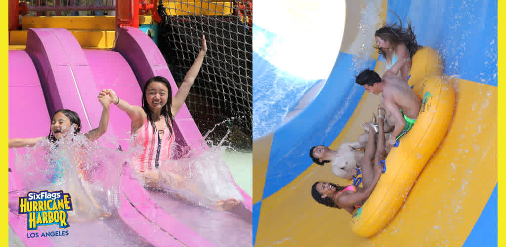 This image is a split-view photograph showcasing two separate scenes from Six Flags Hurricane Harbor in Los Angeles. On the left side of the image, two joyful children are sliding down a bright pink water slide; their expressions are full of excitement, hands up in the air as they splash into the water. The right side of the photograph features four individuals joyously descending in a large yellow inflatable raft on a water slide with blue and yellow coloring. They are holding onto the handles of the raft tightly, with water splashing around them as they enjoy the ride.

At FunEx.com, we are excited to offer you the best savings on tickets, ensuring you experience the utmost fun at Six Flags Hurricane Harbor for the lowest prices available!