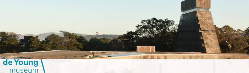 This image displays a panoramic view of the de Young Museum, with its distinctive modernist architecture, including an angular tower structure that predominates the scene. The museum is situated amid a tranquil park environment with lush greenery visible in the background. The iconic Golden Gate Bridge can be glimpsed in the far distance, peeking through the foliage. The museum's name is indicated in a clear, turquoise font in the lower left-hand corner of the image. For exclusive savings on tickets to the de Young Museum, explore our FunEx website for the lowest prices available.