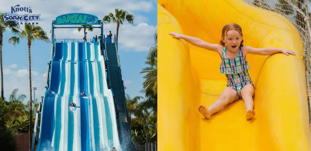 This image presents two separate scenes from a water park. On the left side, there is a photograph of a large water slide named Banzai Falls, which belongs to Knott's Soak City. It features multiple parallel slides, all of which are bright blue with white rushing water. Visitors are seen sliding down on their stomachs on mats, and others are at the top preparing to descend. Palm trees frame the sunny skies in the background, suggesting a warm and pleasant climate.

On the right, a close-up image shows a young child with joyful expression sliding down a bright yellow water slide. The child, who has red hair and wears a sleeveless plaid swimsuit in shades of green, blue, and red, has her arms outstretched as she enjoys the smooth descent on the curved slide.

End this exhilarating day of family fun with great savings when you purchase your Knott's Soak City tickets at FunEx.com, where you always find the lowest prices!